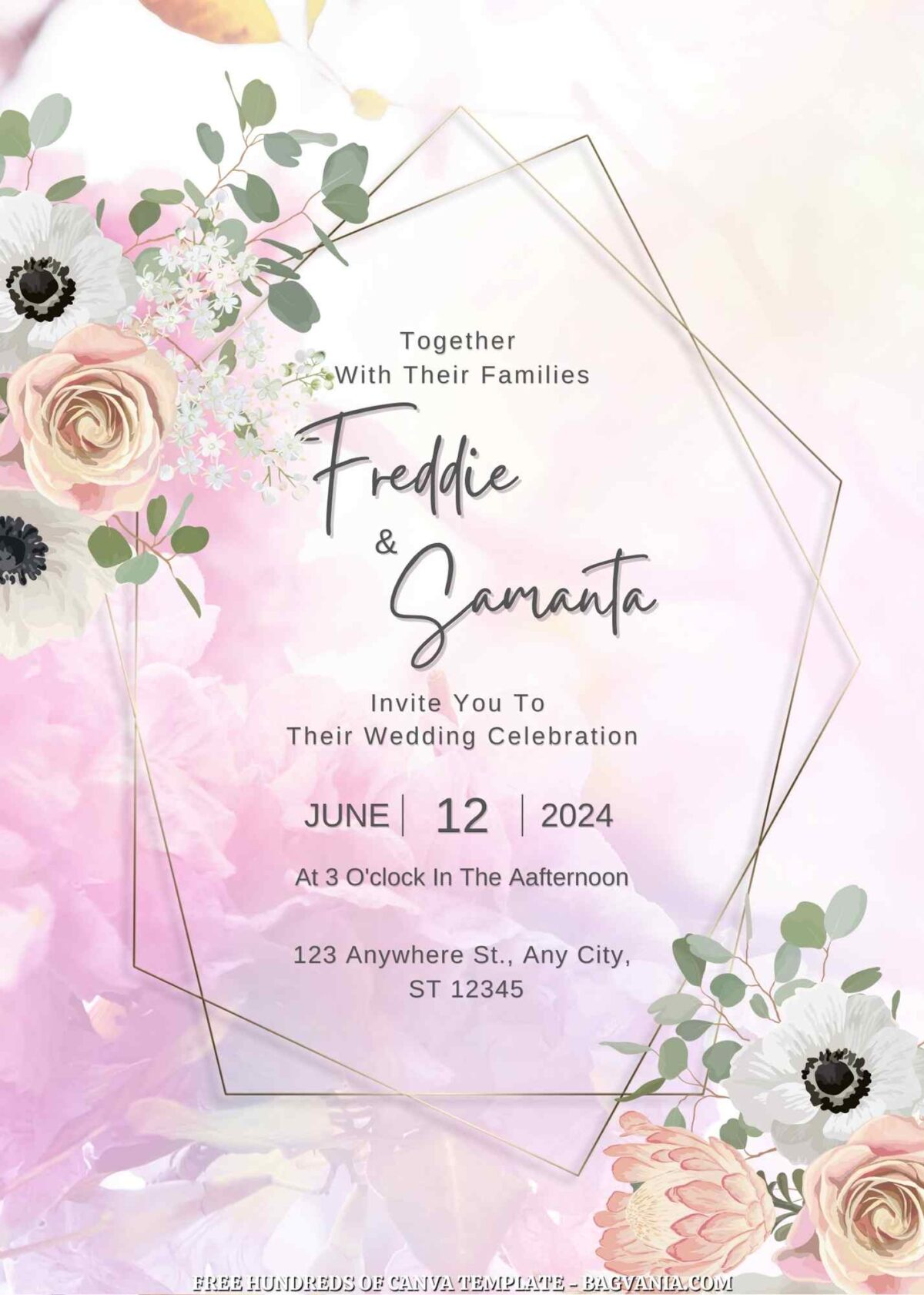 Free Editable White Pink Floral Wedding Invitation