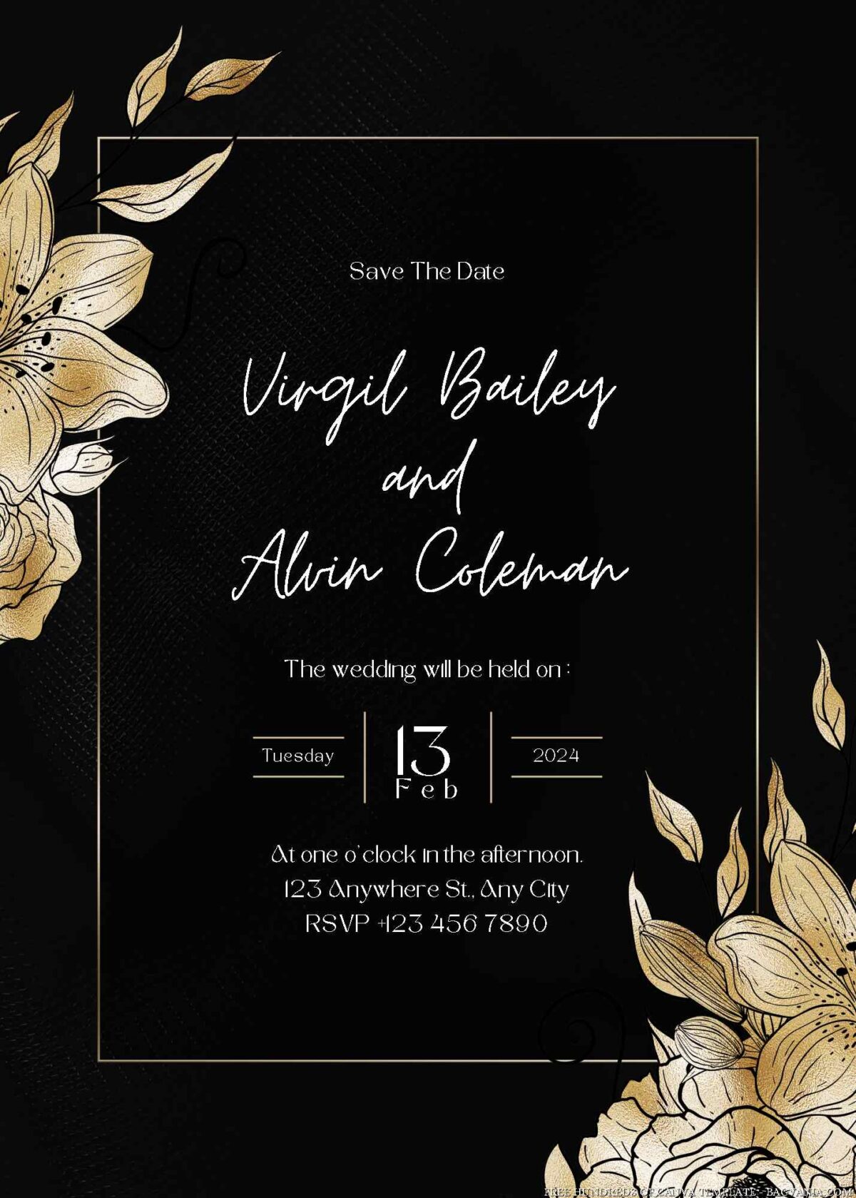 Free Editable Hand Drawn Gold Floral Wedding Invitation