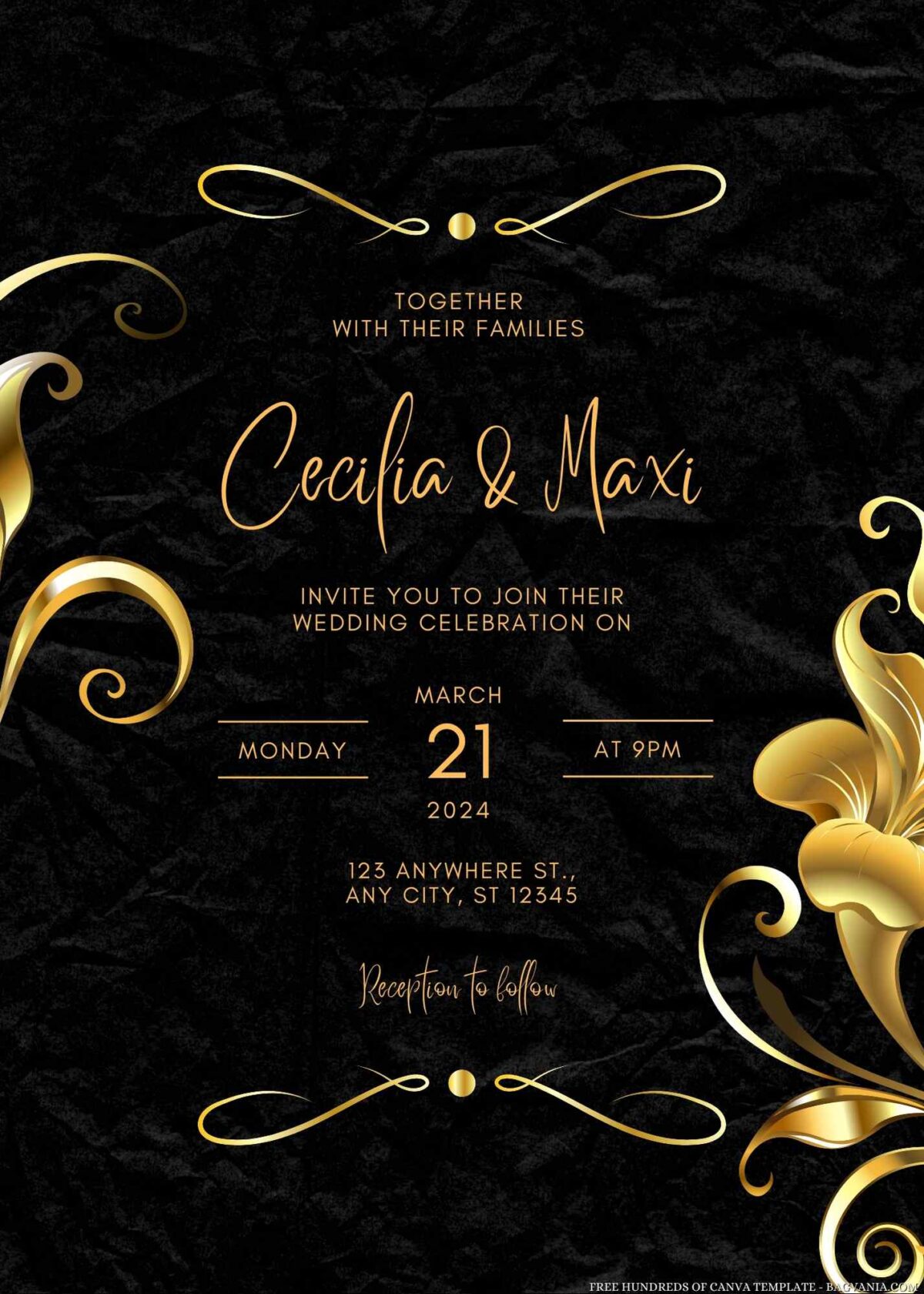 Free Editable Gold Ornate Floral Wedding Invitation