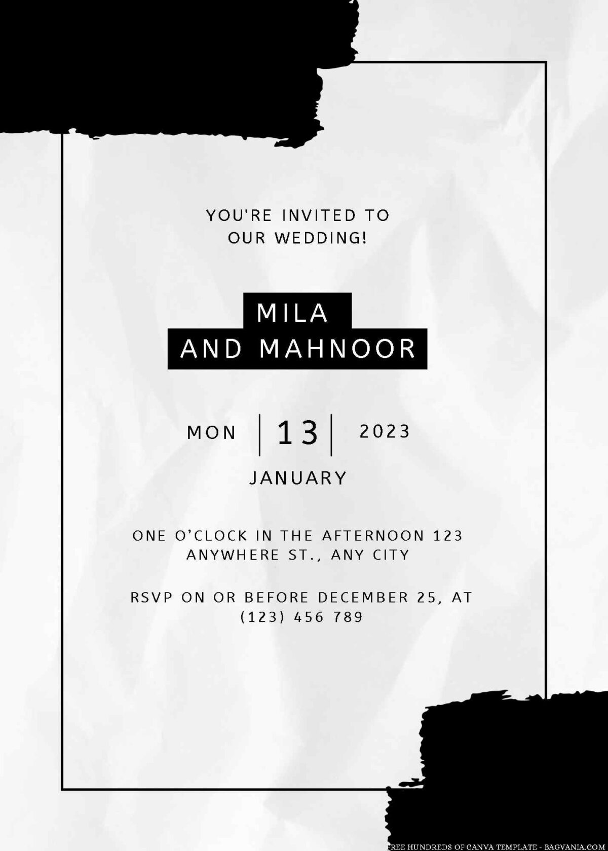 Free Editable Wrinkly Black and White Wedding Invitation