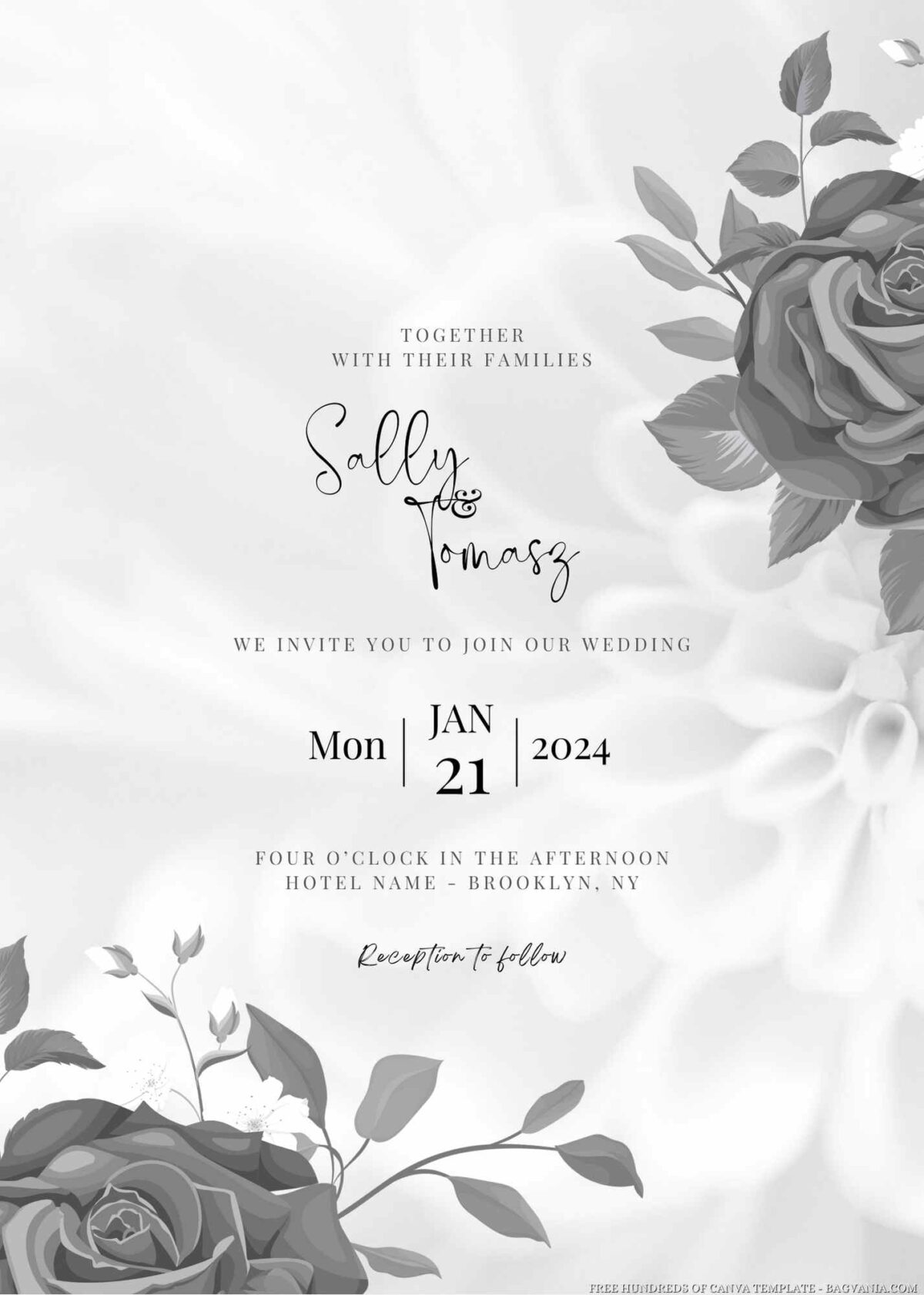 Free Editable Watercolor Black Roses Wedding Invitation