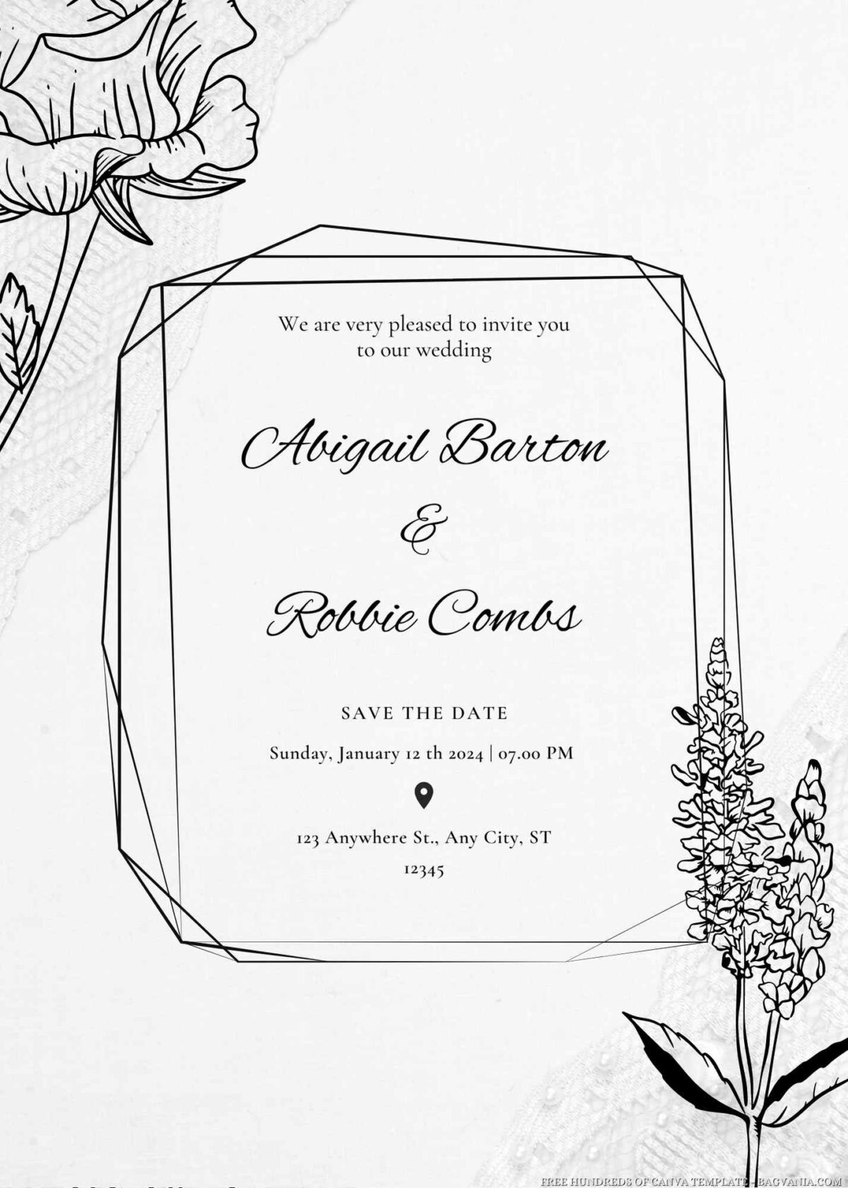 Free Editable Flower Hand Drawn White Lace Wedding Invitation