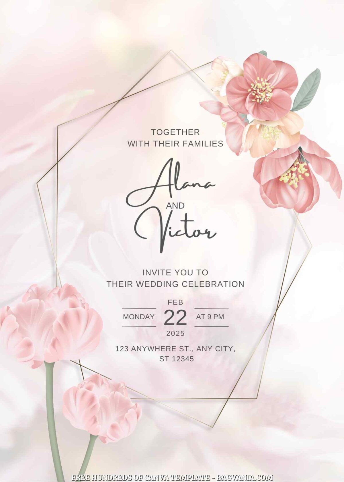 Free Editable Pink Japanese Quince Floral Wedding Invitation
