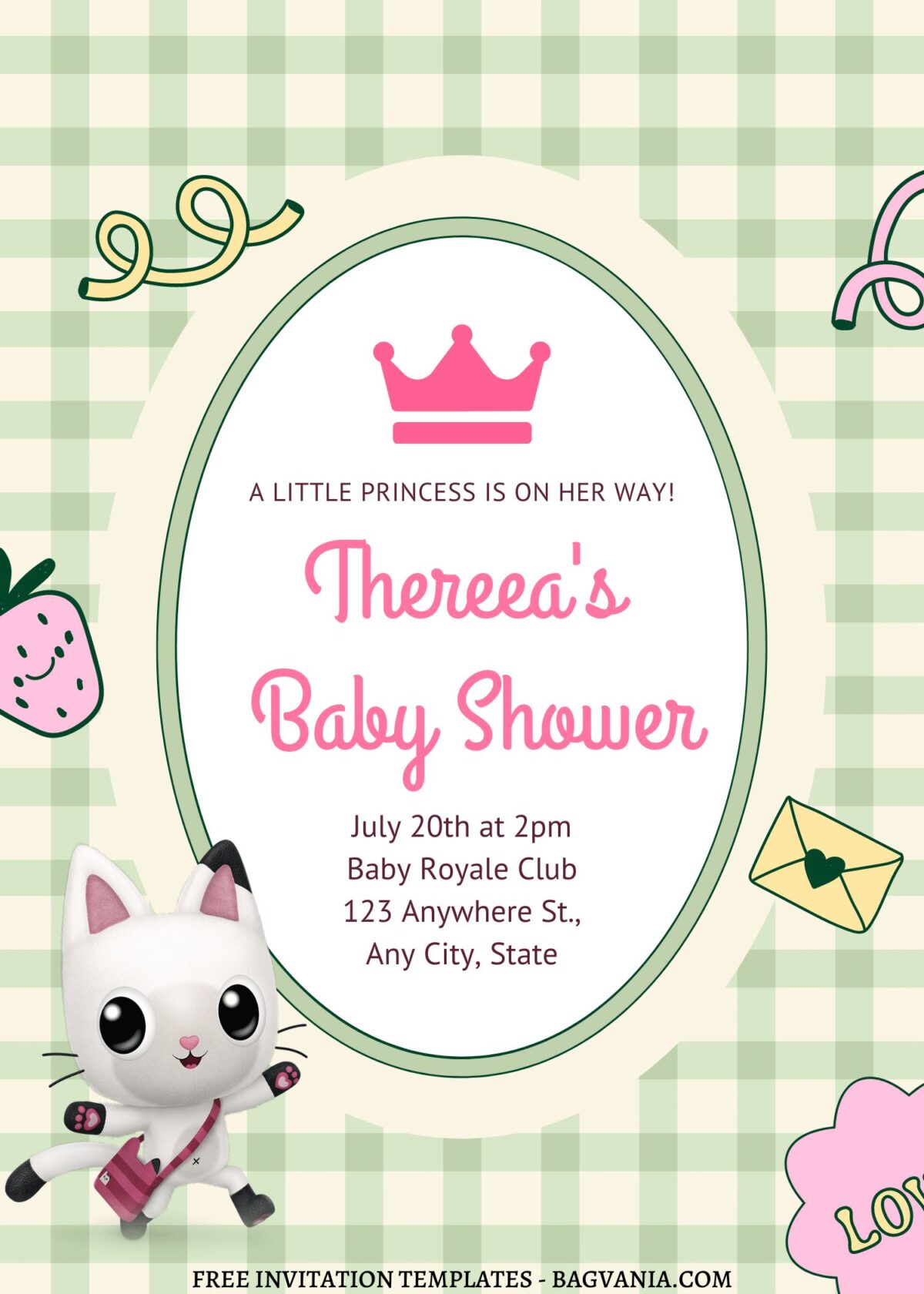 7+ Gabby Dollhouse And Her Furry Friends Canva Birthday Invitation Templates with Gingham pattern