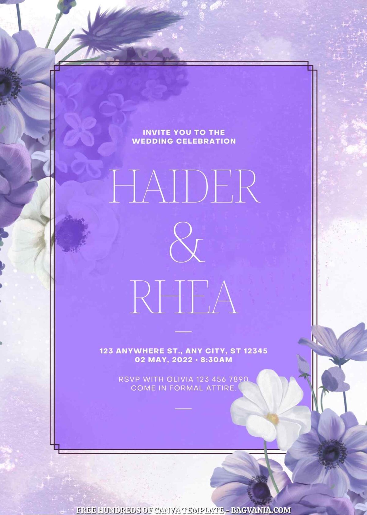 Free Editable Dark Purple Floral Wedding Invitation
