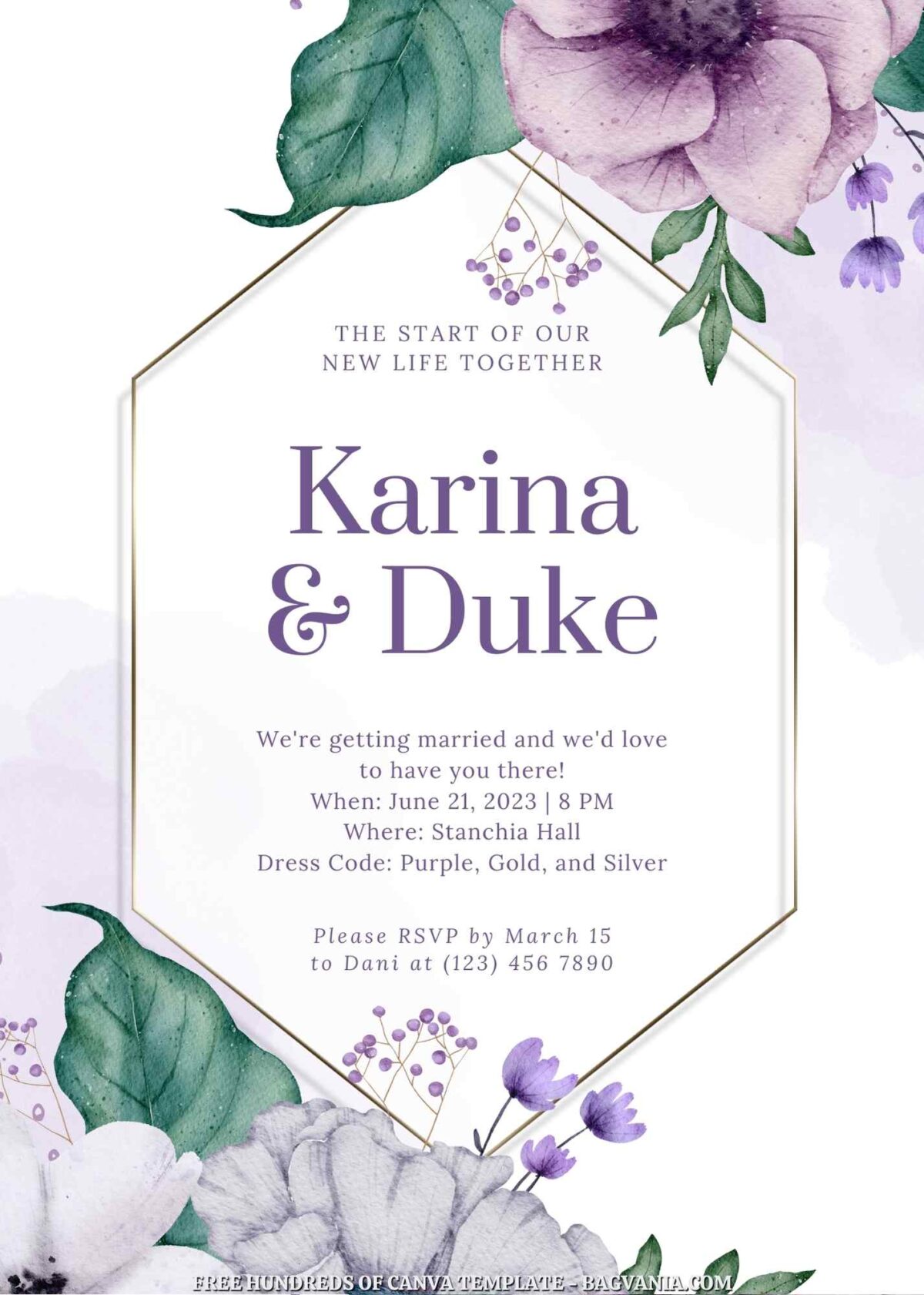 Free Editable Purple Floral Bouquet Wedding Invitation