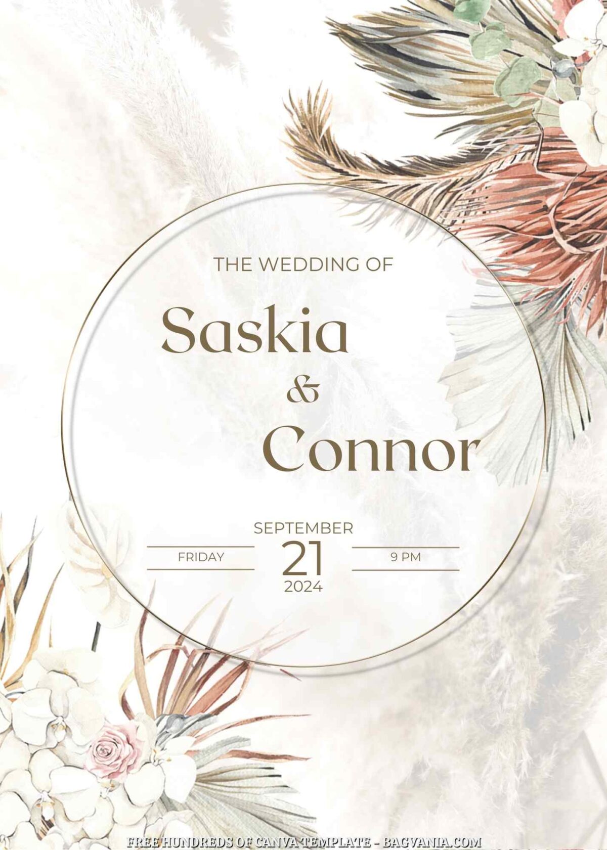 Free Editable Boho Dried Floral Watercolor Wedding Invitation