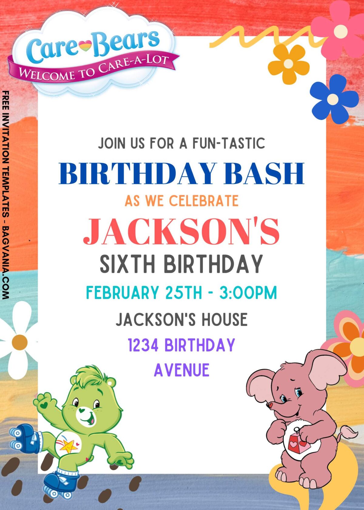 7+ Joyful Care Bears Canva Birthday Invitation Templates with watercolor rainbow background