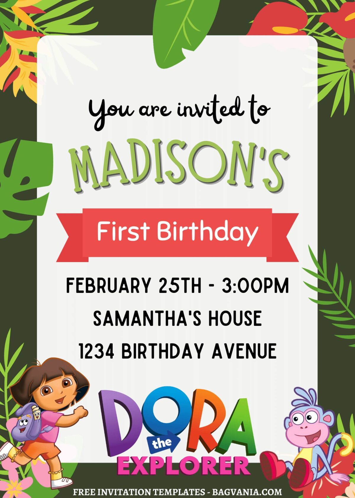 10+ Greenery Jungle Dora Canva Birthday Invitation Templates with Boots and Dora