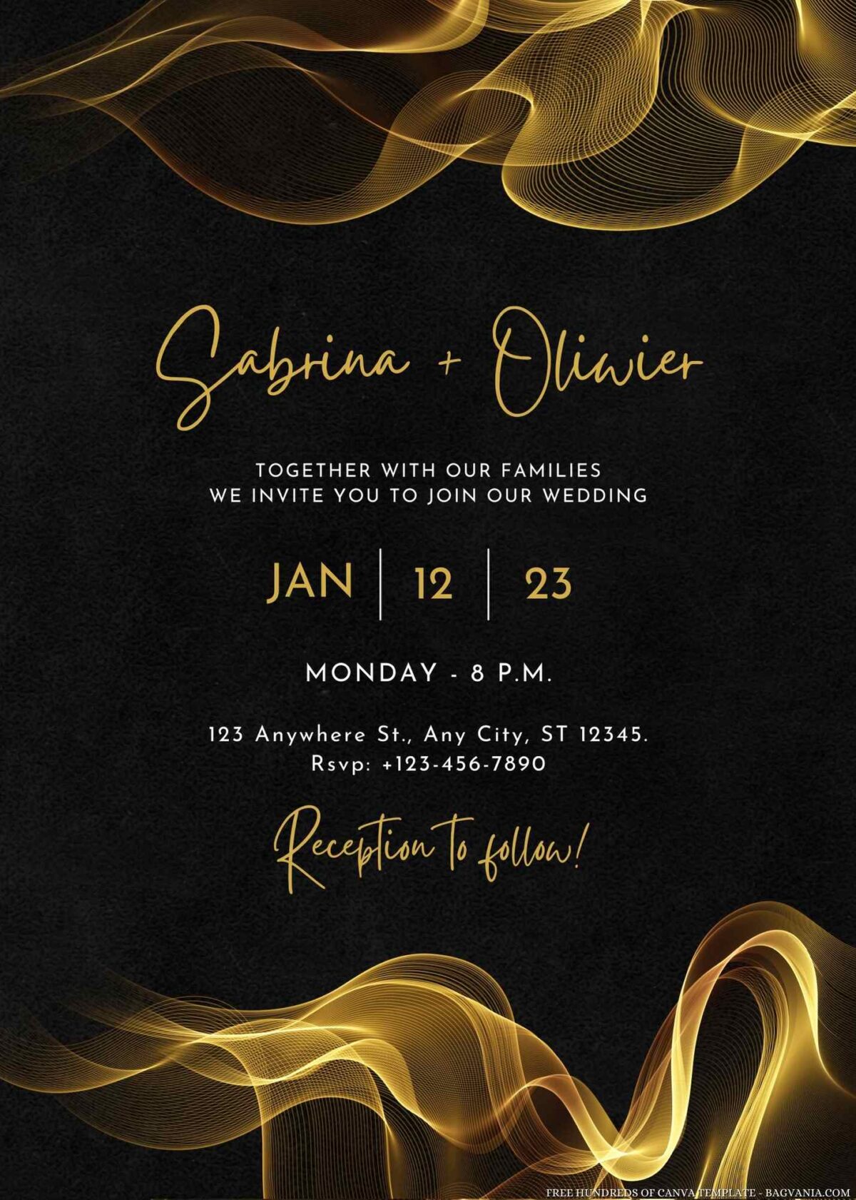 Free Editable Curved Gold Waves Lines Wedding Invitation
