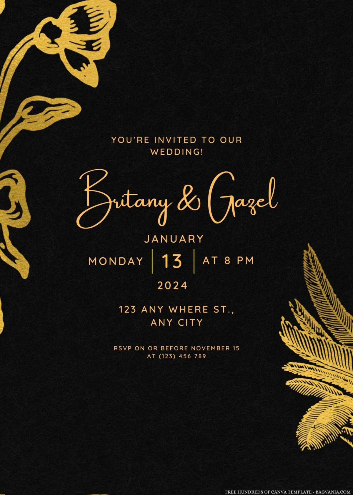Free Editable Gold Floral Wedding Invitation