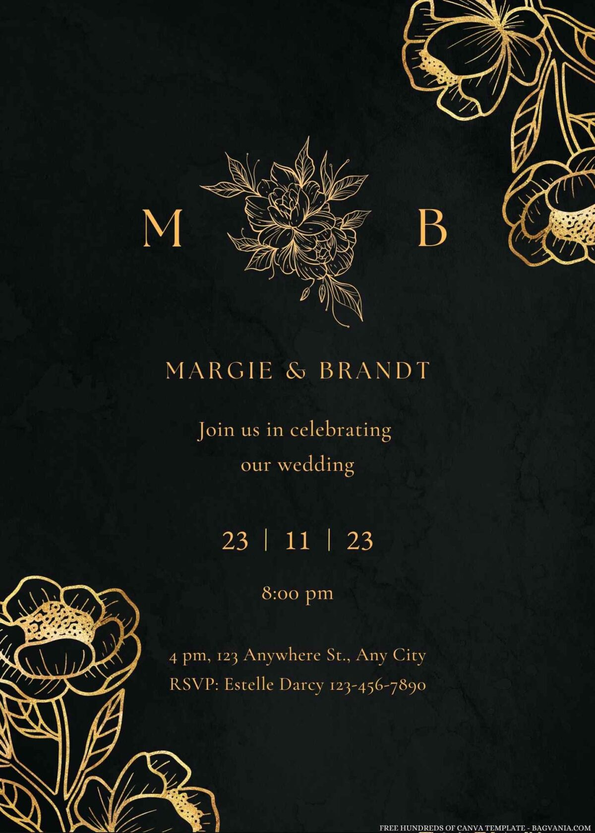 Free Editable Golden Floral Grey Marbled Wedding Invitation