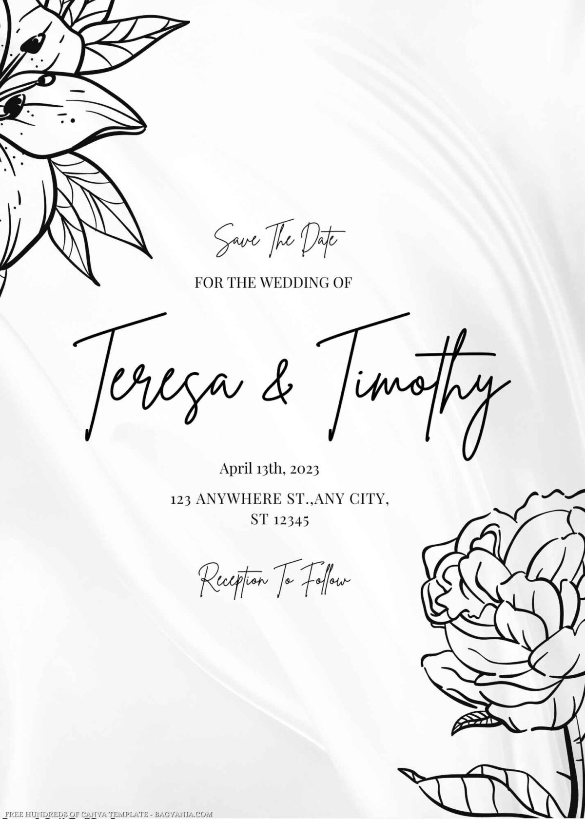 Free Editable Line Floral White Silk Wedding Invitation