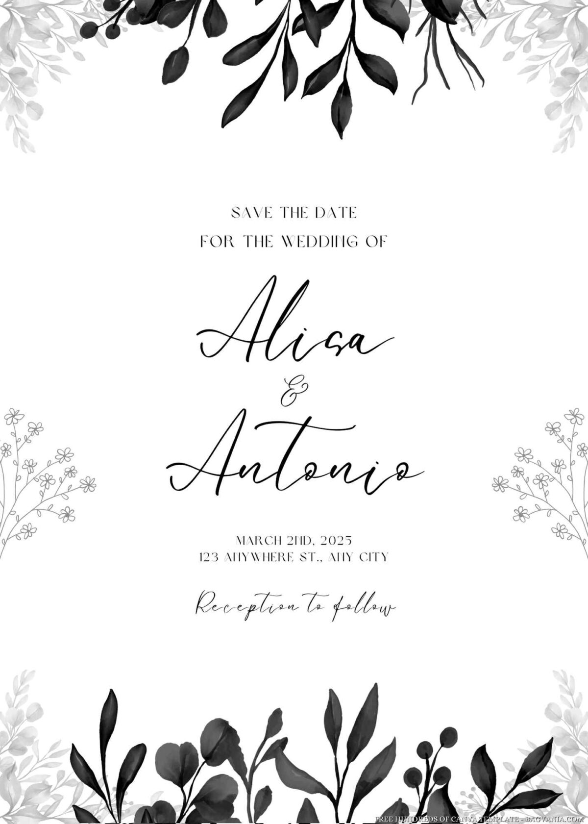 Free Editable Black Floral Arrangement Wedding Invitation 