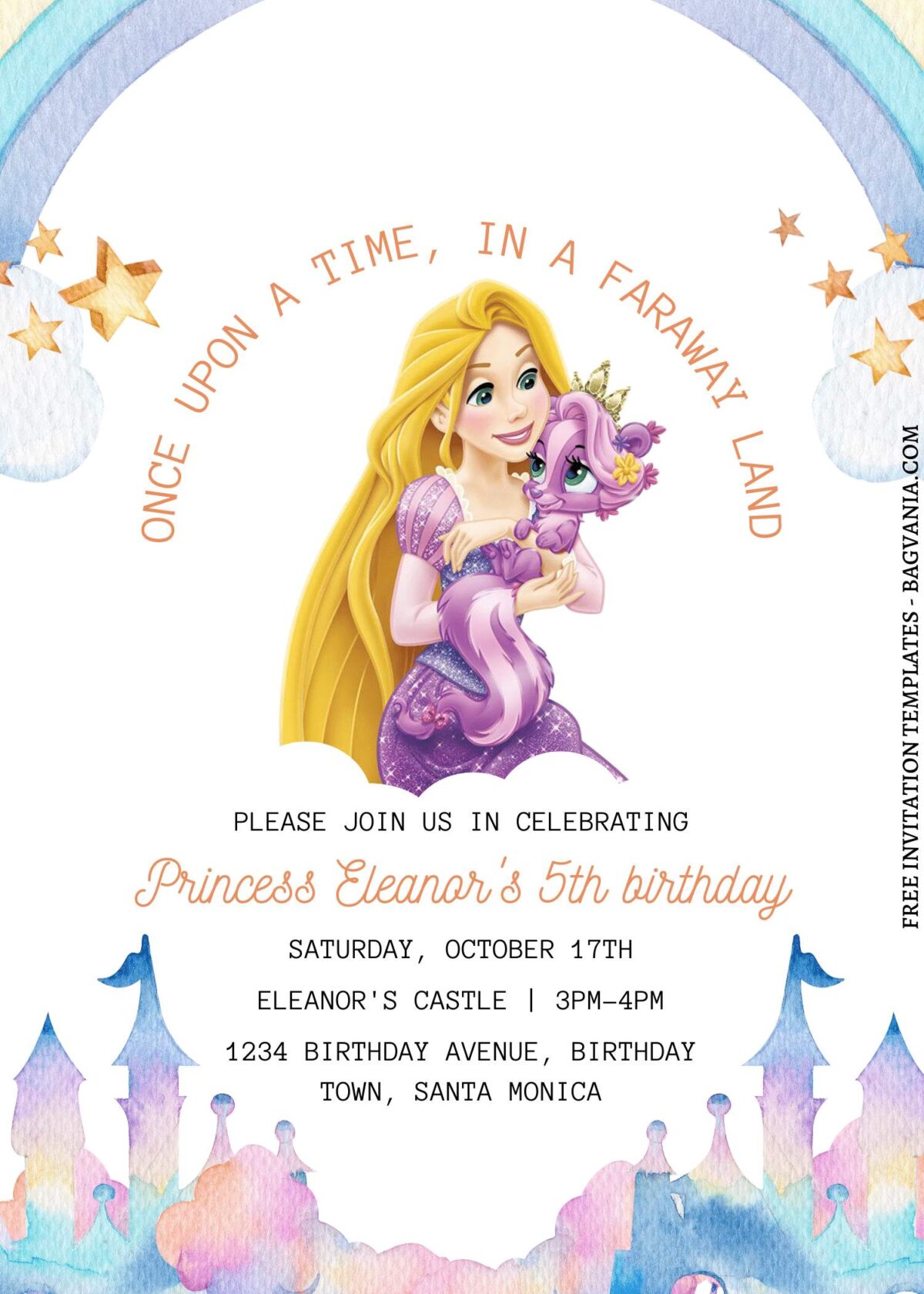 11+ Fairy Tale Disney Princess Castle Canva Birthday Invitation Templates with Rapunzel