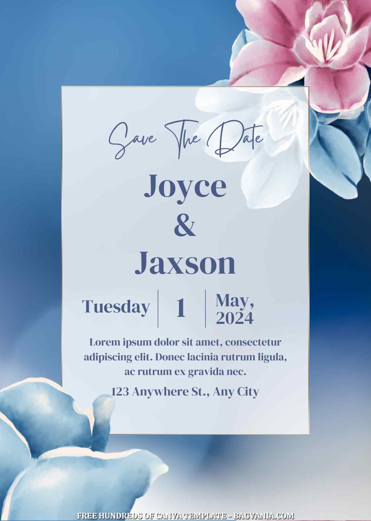 Free Editable Blue Floral Bokeh Wedding Invitations