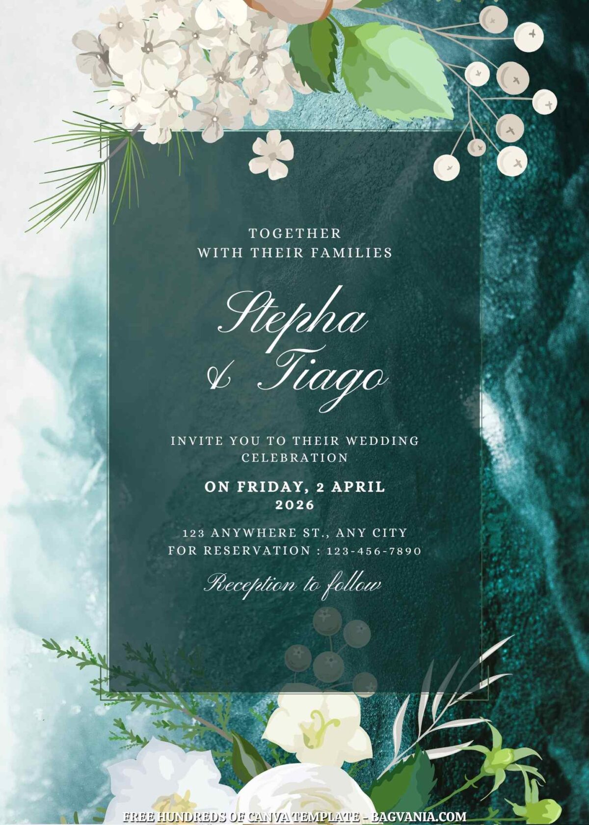 Free Editable Winter Floral Green Wedding Invitation 