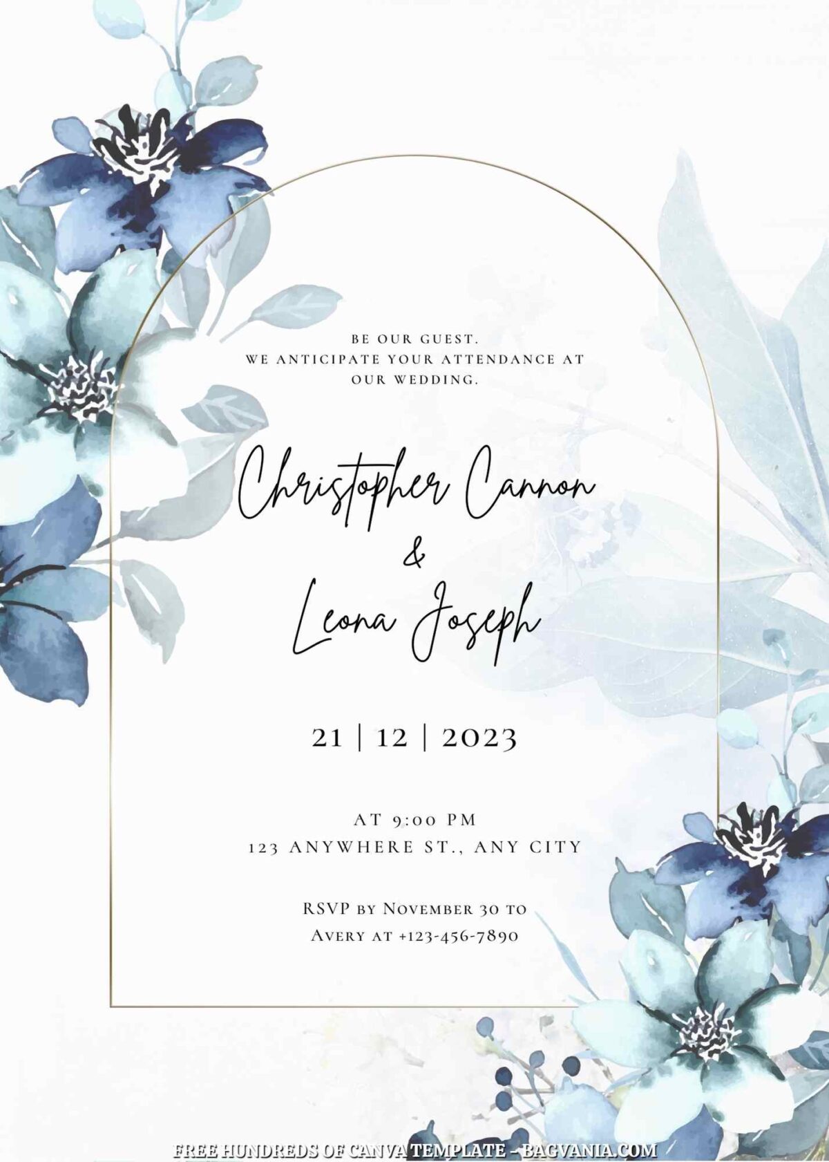 Free Editable Blue Floral Arrangement Wedding Invitation