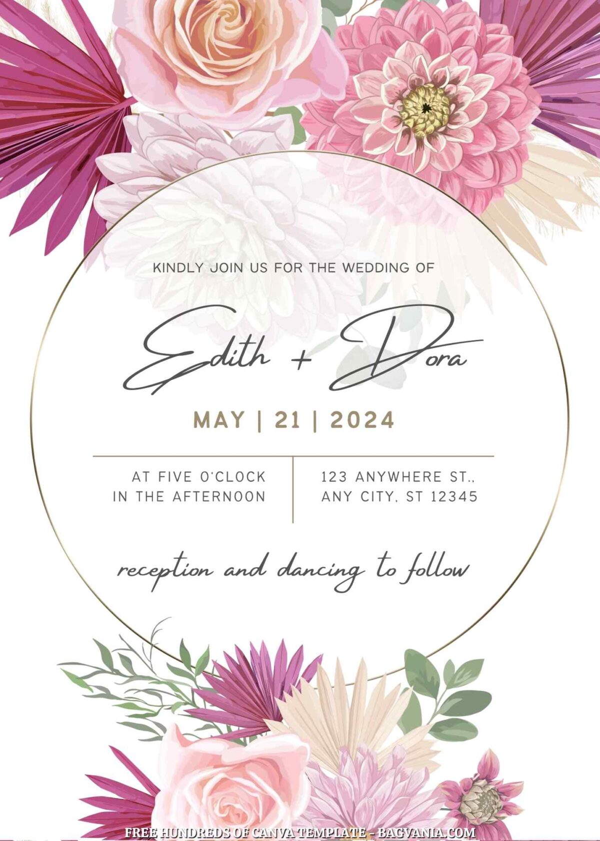 Free Editable White Dry Pink Floral Wedding Invitation