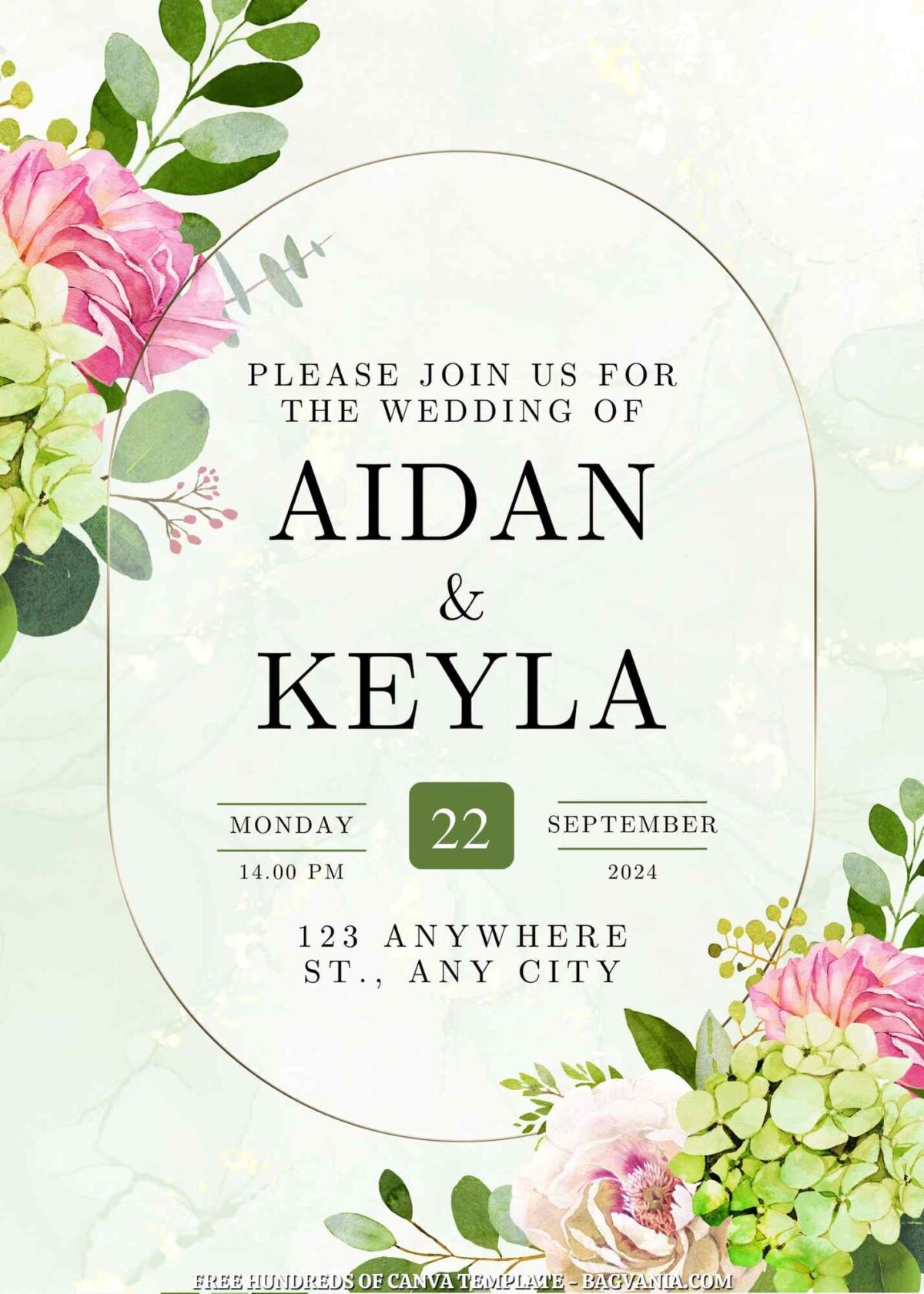 Free Editable Green Pink Bouquet Floral Wedding Invitation