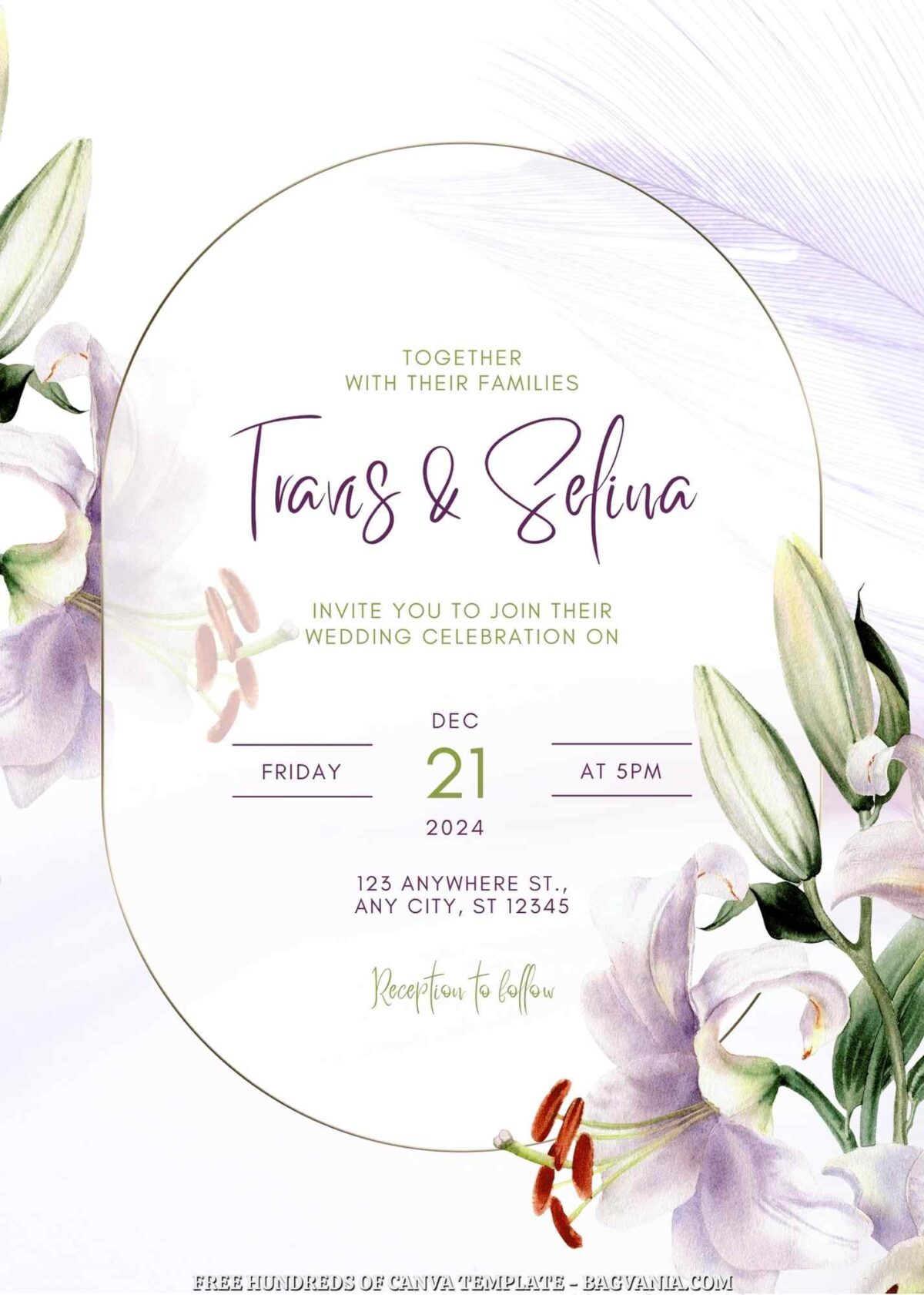 Free Editable Watercolor Lily Flower Wedding Invitation