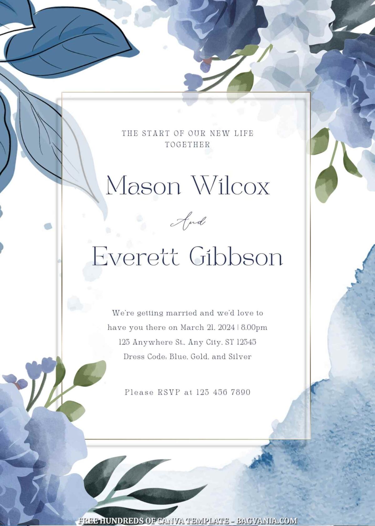 Free Editable Blue Floral Bouquet Wedding Invitation