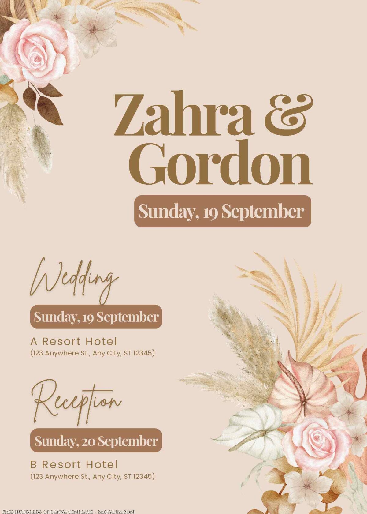 Free Editable Watercolor Boho Tropical Dried Wedding Invitation