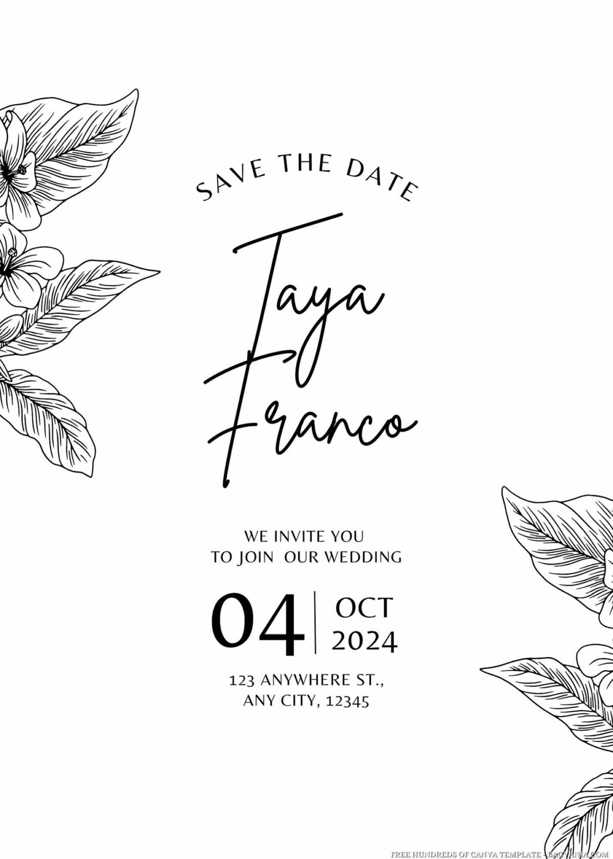 Free Editable Minimalist Floral Elegant Frame Wedding Invitation