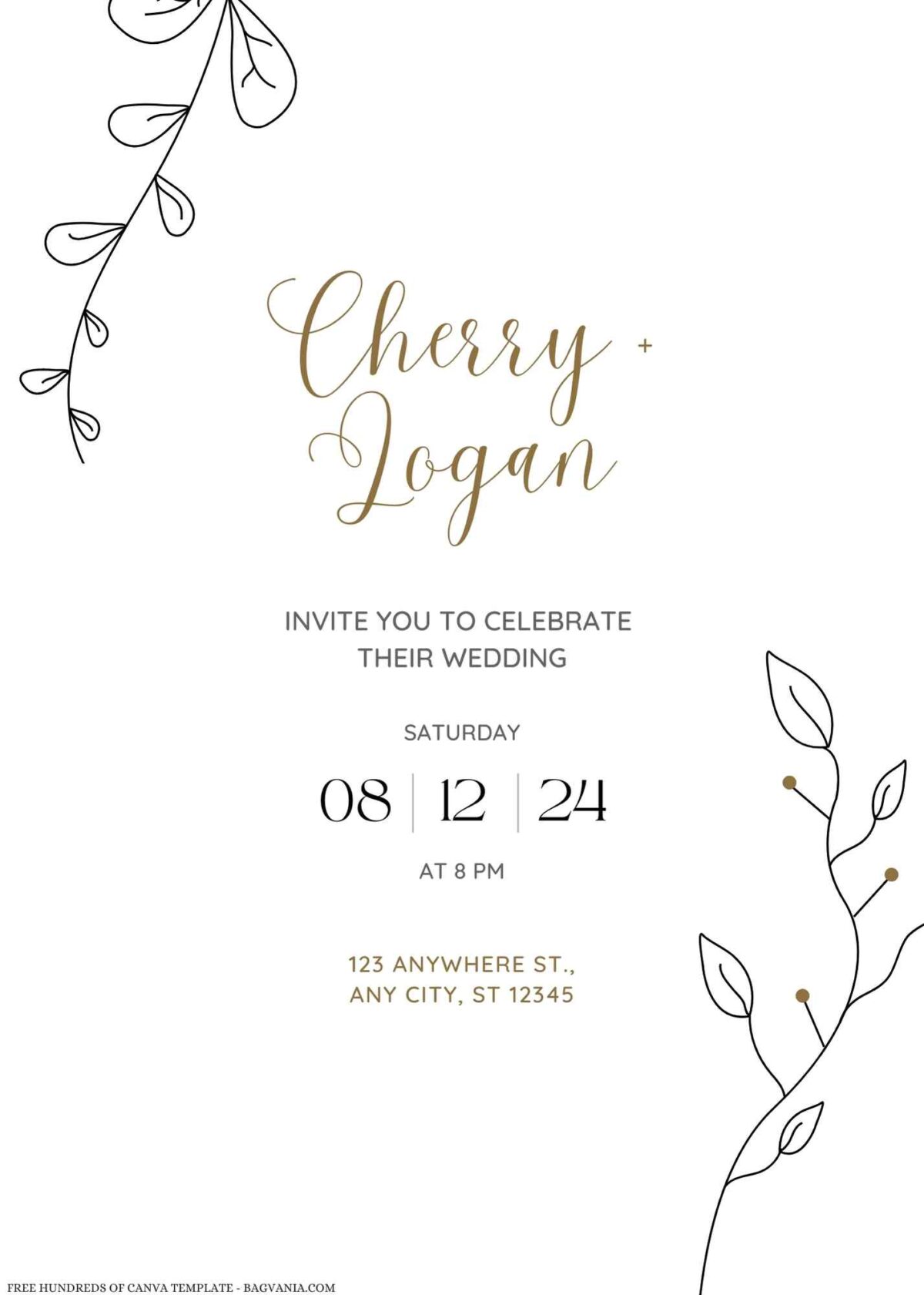 Free Editable Minimalist Flower Gold Line Wedding Invitation