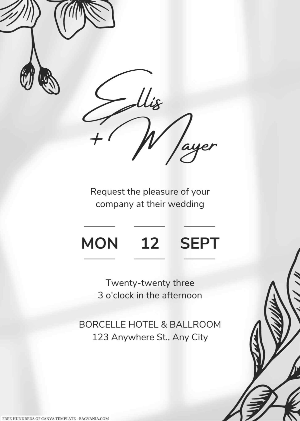 Free Editabe Minimalist Line Floral Hand Drawn Wedding Invitation