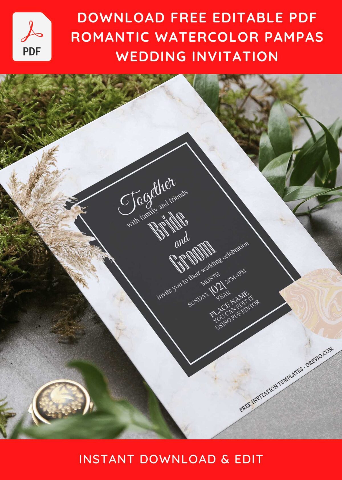 (Free Editable PDF) Fancy Rustic Pampas Wedding Invitation Templates  with Rustic Boho leaves