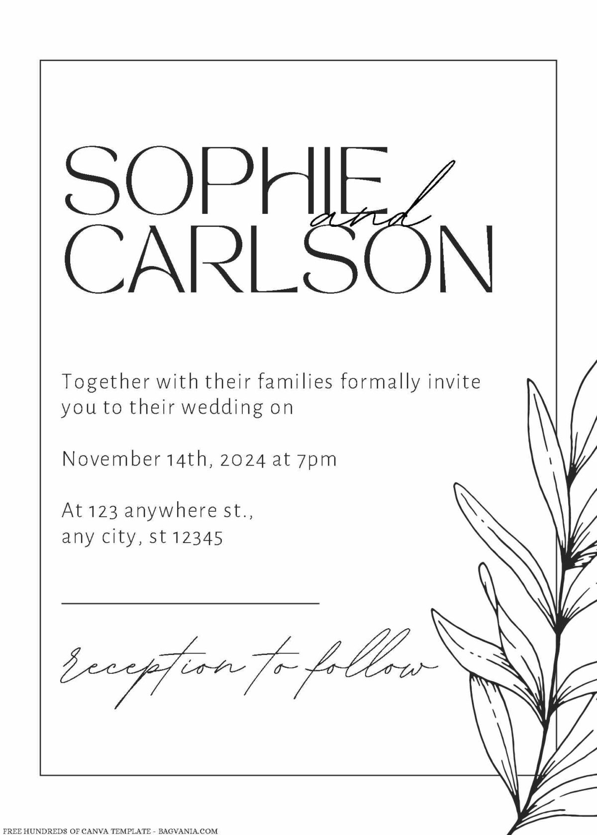 Free Editable Minimalist Olive Line Illustration Wedding Invitation 
