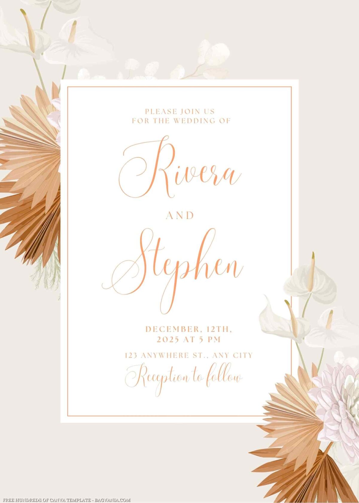 ditable Orange Floral Bouquet Wedding Invitation