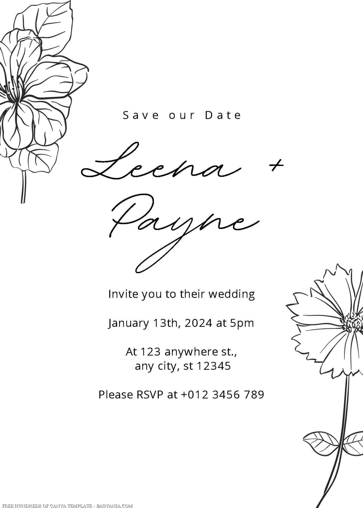Free Editable Minimalist Line Floral Wedding Invitation
