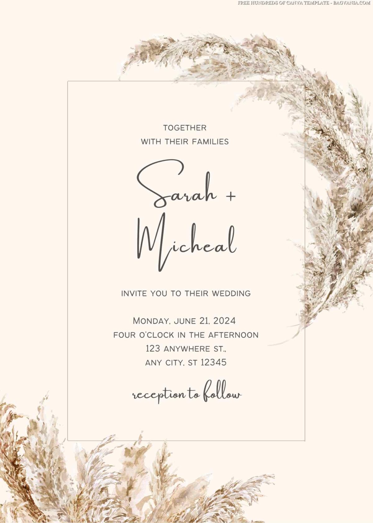 Free Editable Watercolor Pampas Grass Floral Wedding Invitation