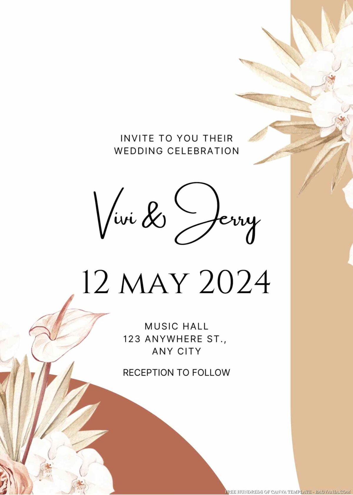 Free Editable Boho Dried Flower Tropical Wedding Invitation