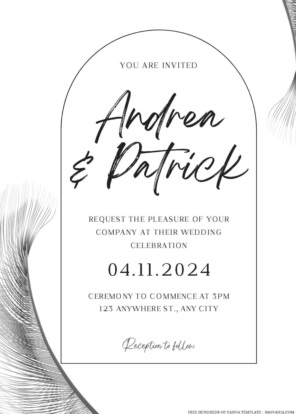 Free Editable Minimalist Feather Low Arch Up Frame Wedding Invitation 