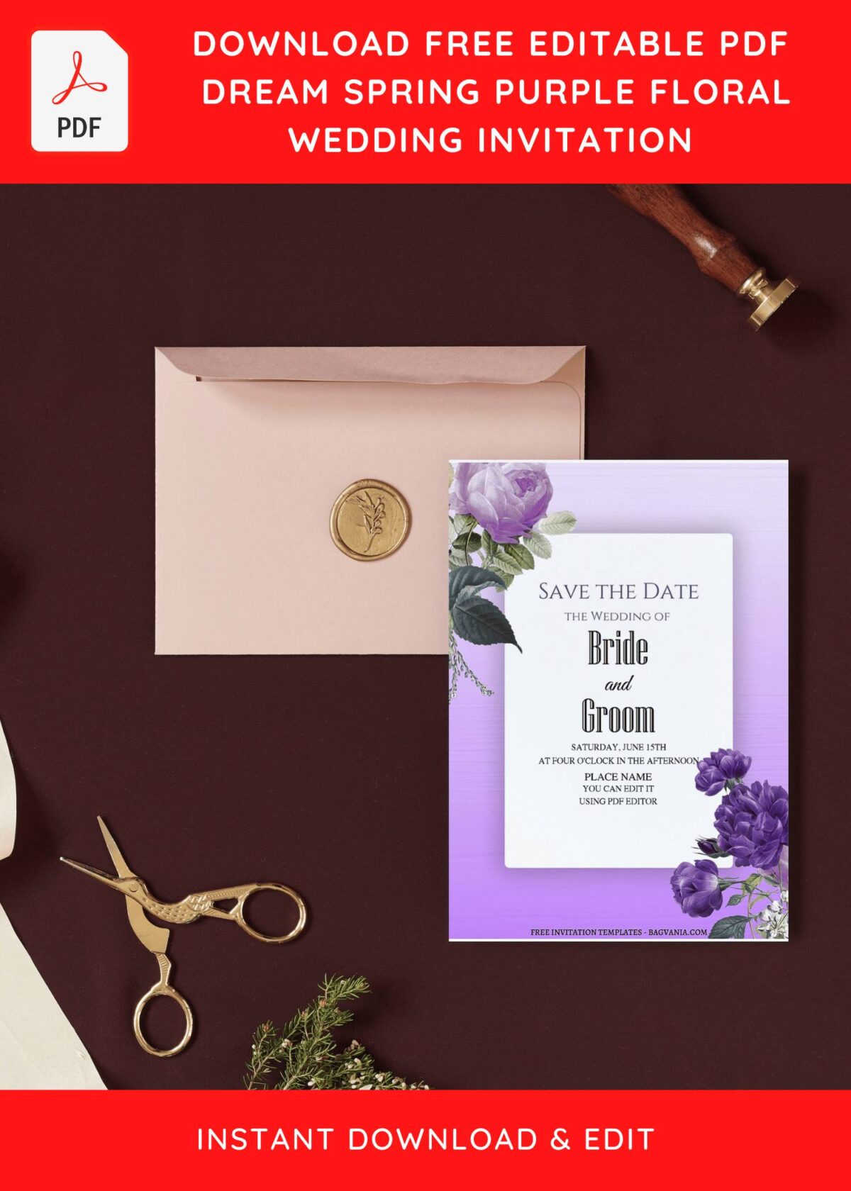 (Free Editable PDF) Dreamy Purple Flowers Wedding Invitation Templates with hand drawn rose