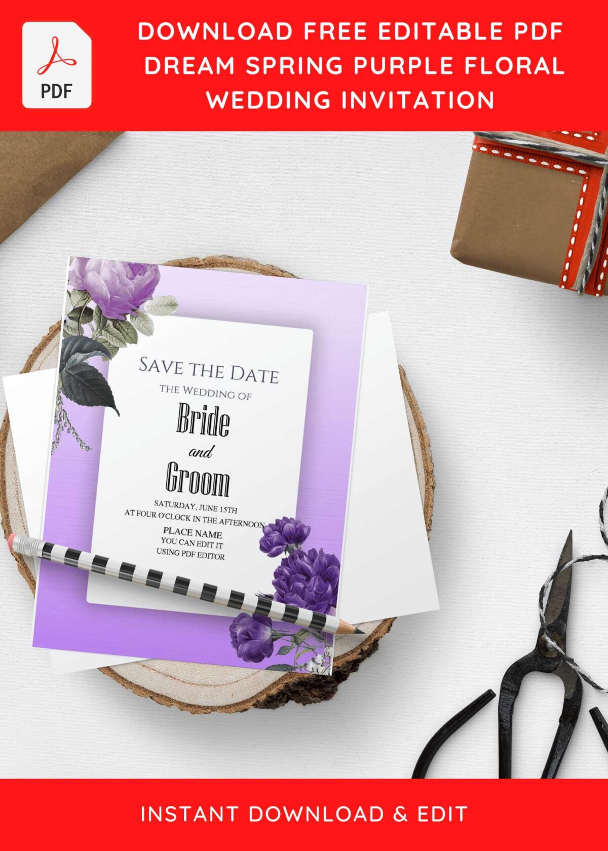 (Free Editable PDF) Dreamy Purple Flowers Wedding Invitation Templates with watercolor leaf