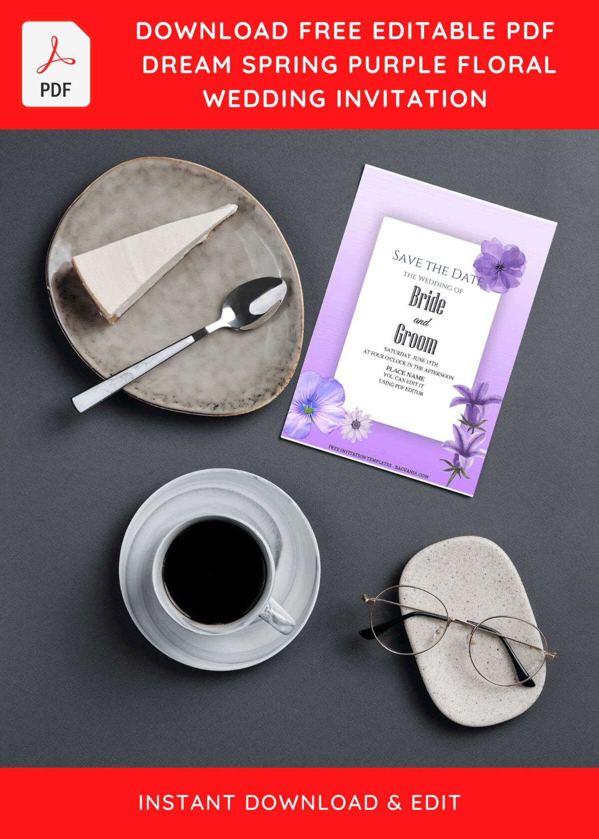 (Free Editable PDF) Dreamy Purple Flowers Wedding Invitation Templates with purple background