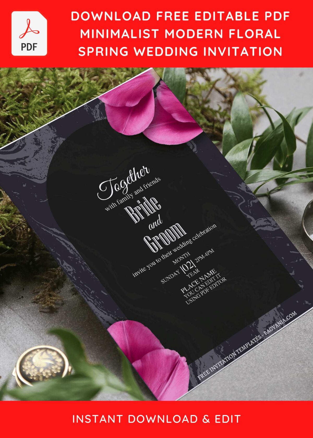 (Free Editable PDF) Luxury Black Marble Floral Wedding Invitation Templates with stunning flower petals