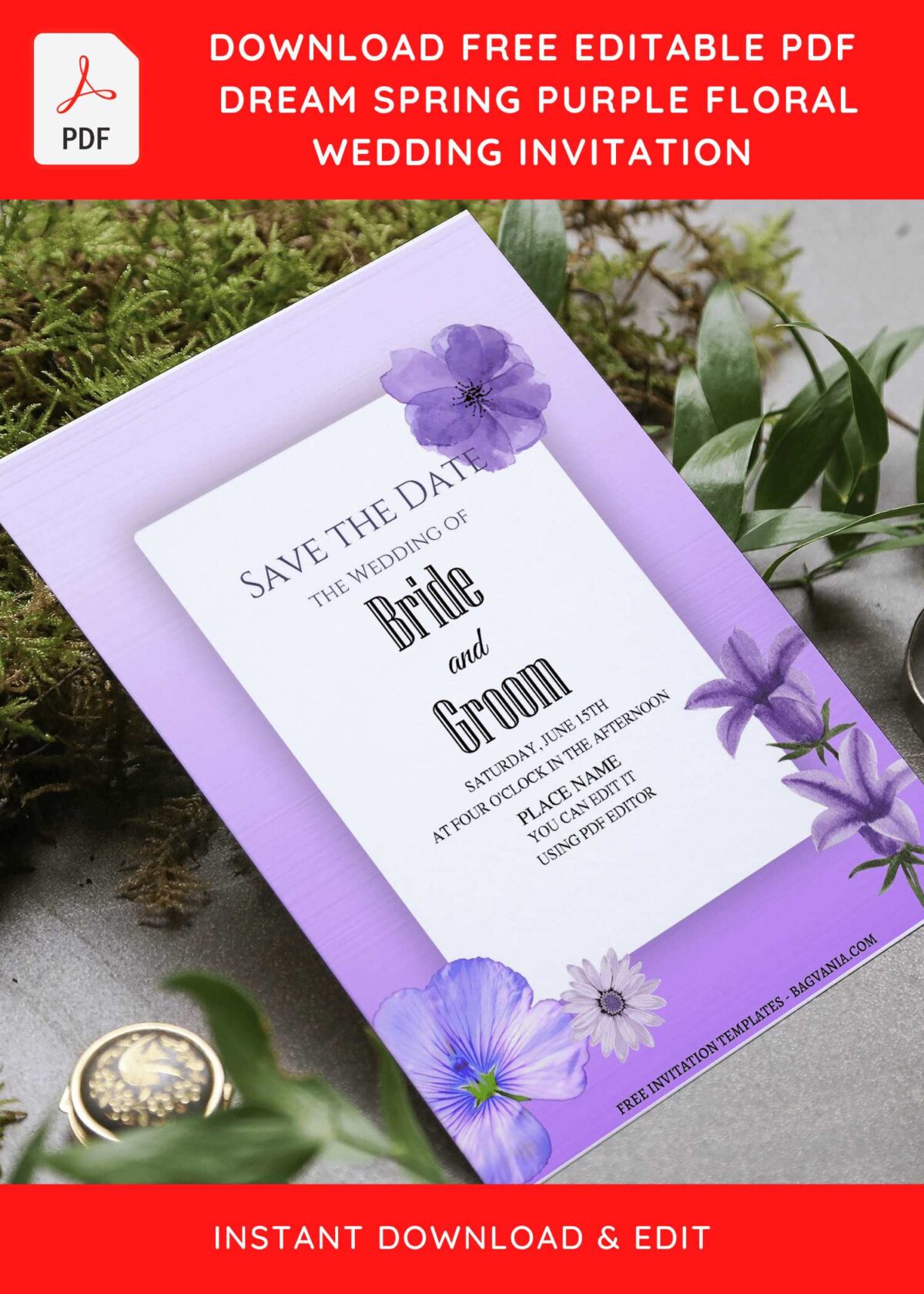 (Free Editable PDF) Dreamy Purple Flowers Wedding Invitation Templates with aesthetic lungwort flowers