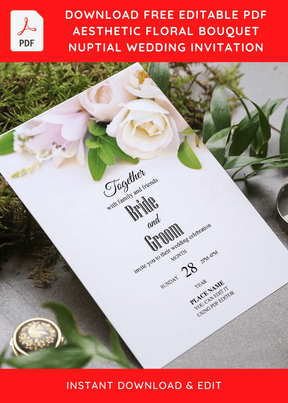 (Free Editable PDF) Pristine White Rose Wedding Invitation Templates with realistic Rose