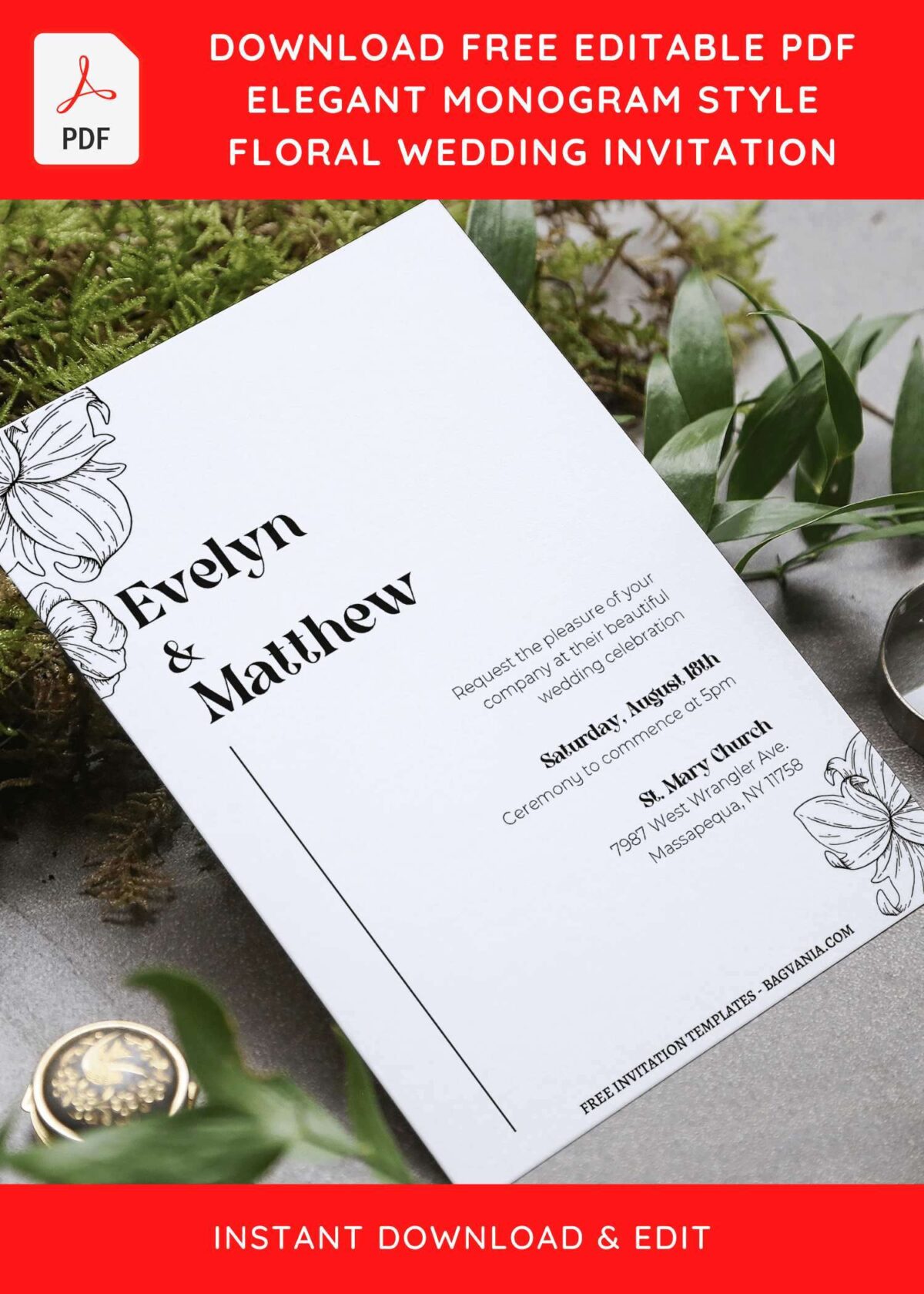 (Free Editable PDF) Minimalist Floral Linework Wedding Invitation Templates