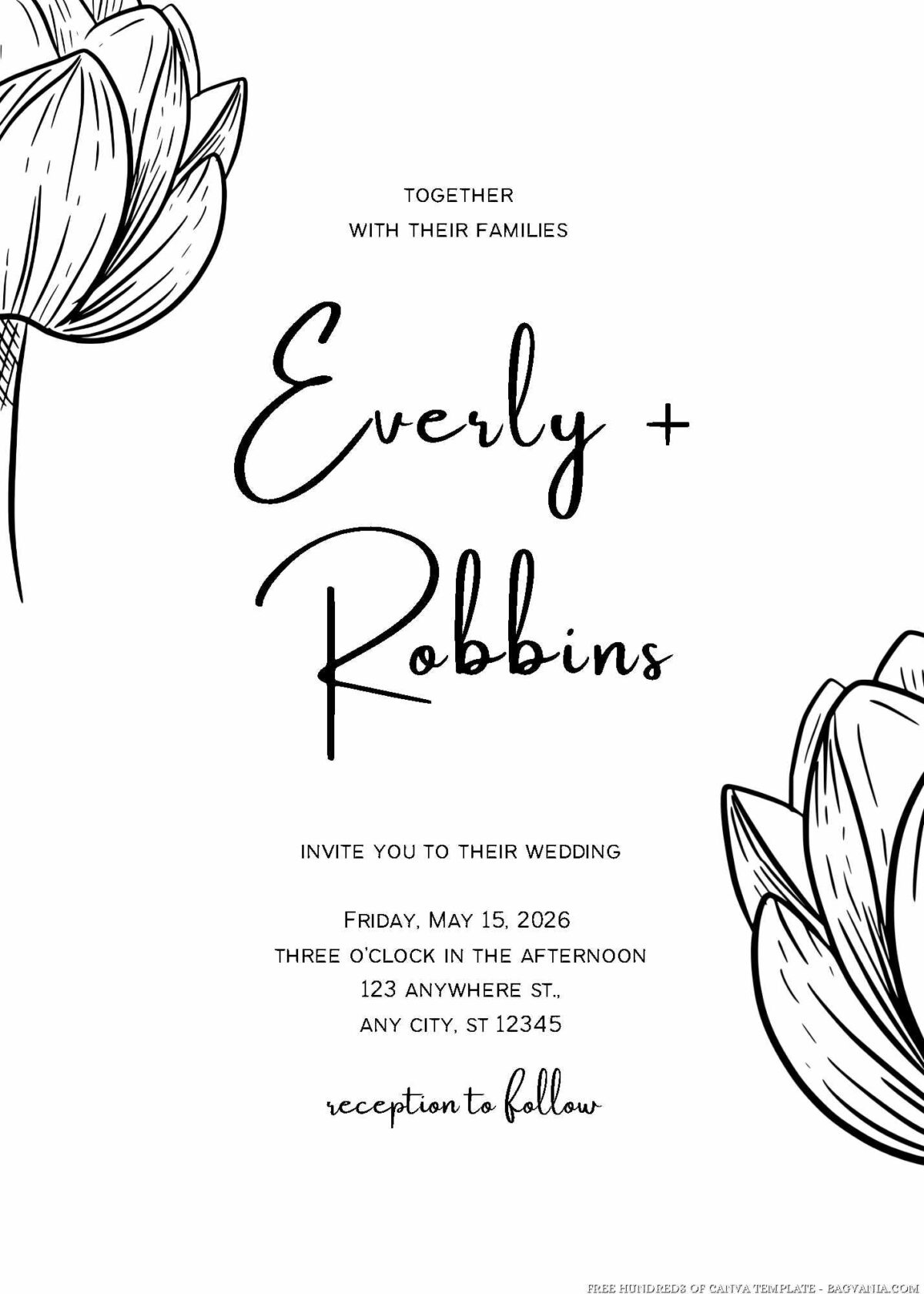 Free Editable Minimalist Realistic Floral Line Wedding Invitation