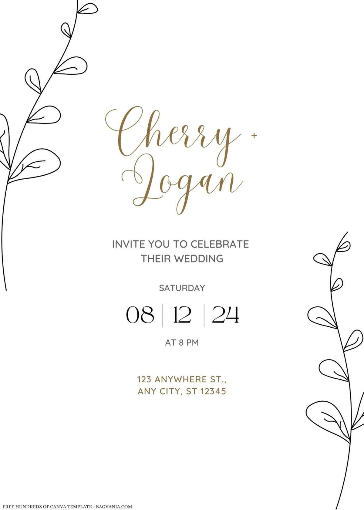 Free Editable Minimalist Flower Gold Line Wedding Invitation