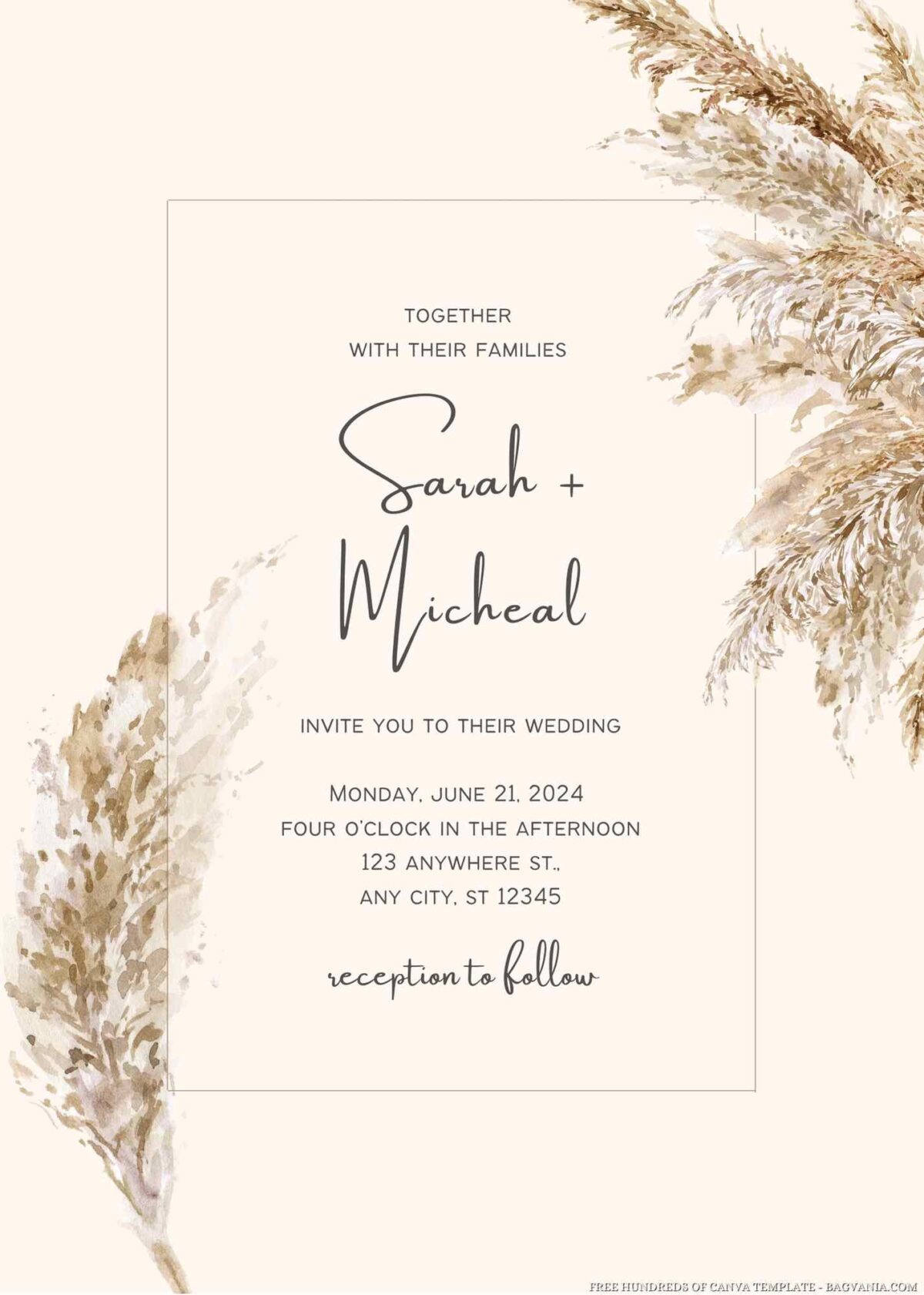 Free Editable Watercolor Pampas Grass Floral Wedding Invitation