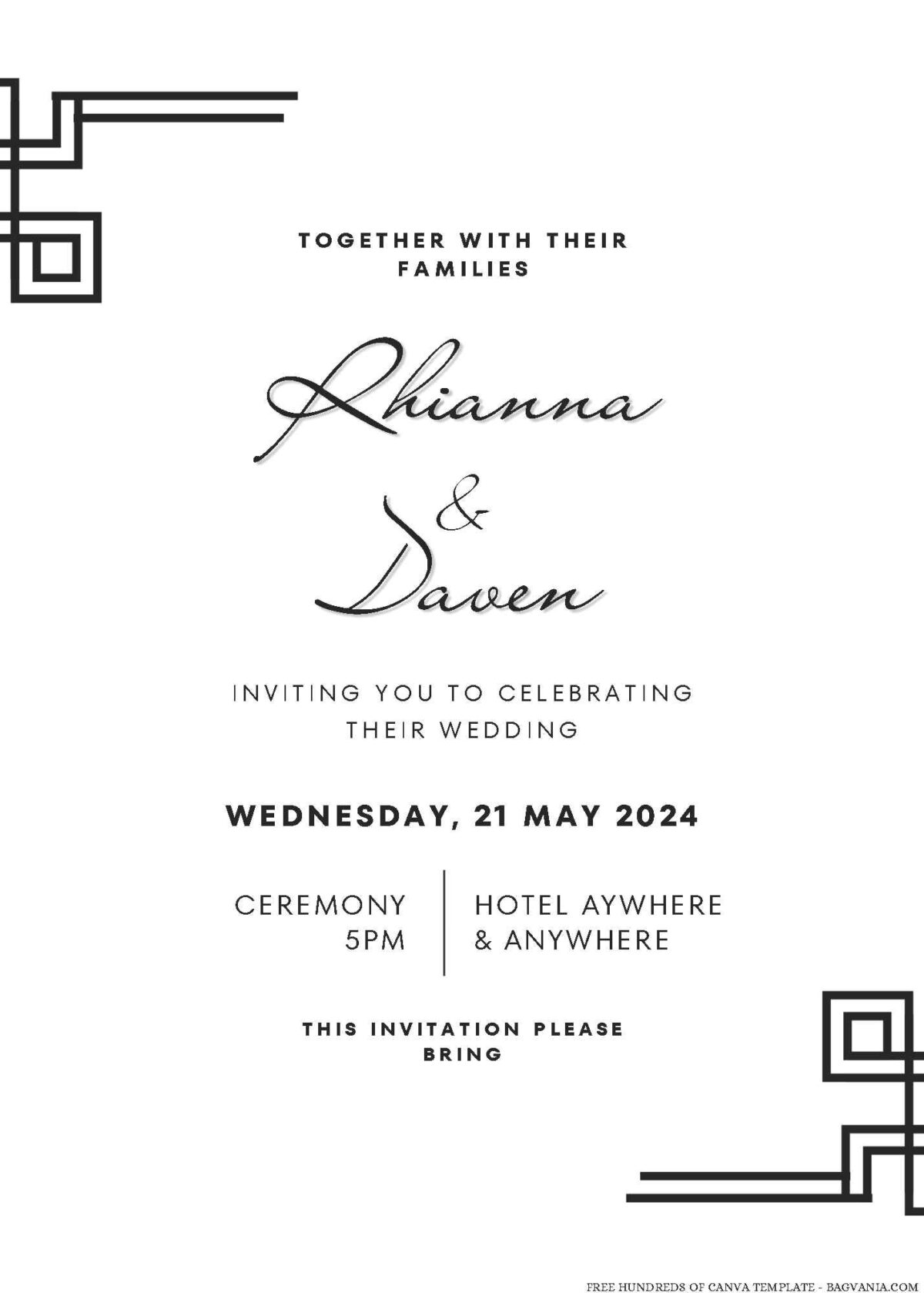 Free Editable Art Deco Rectangle Frame Wedding Invitation