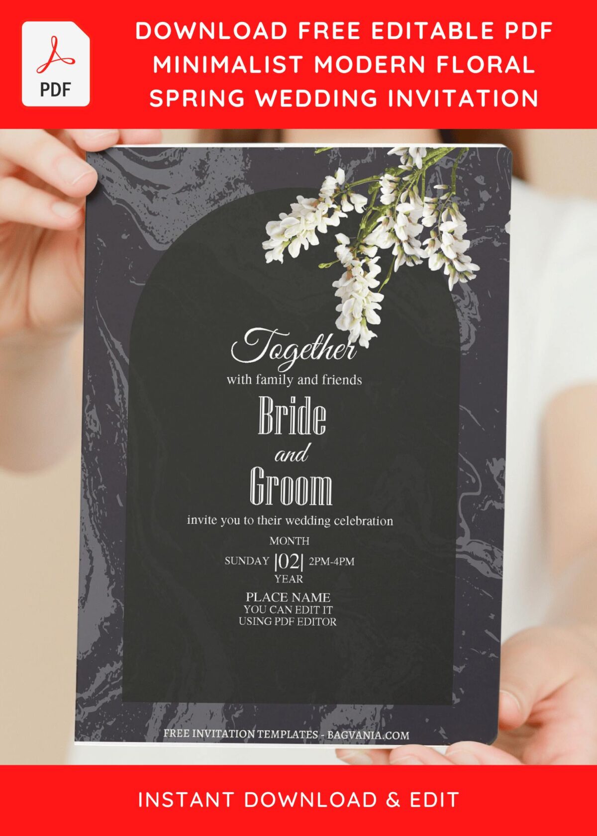 (Free Editable PDF) Luxury Black Marble Floral Wedding Invitation Templates with editable text