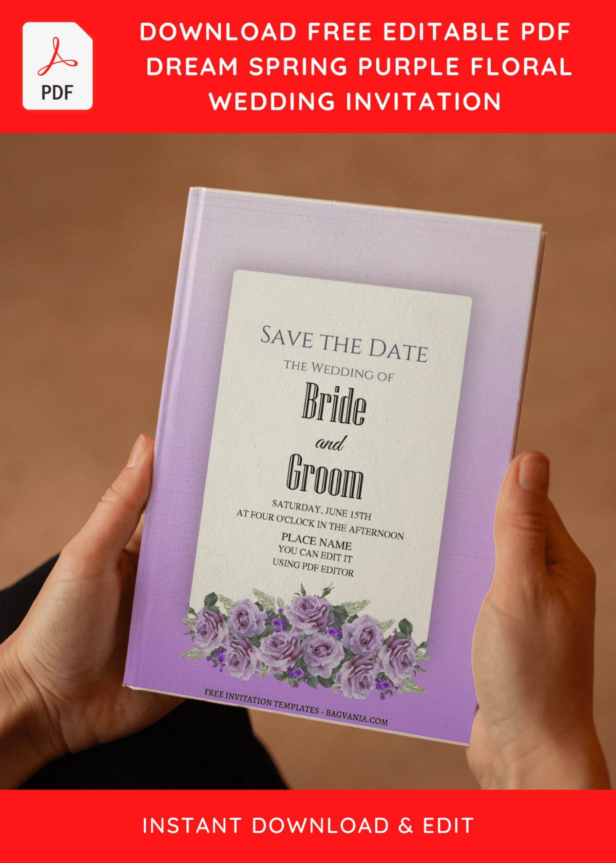 (Free Editable PDF) Dreamy Purple Flowers Wedding Invitation Templates with elegant font styles
